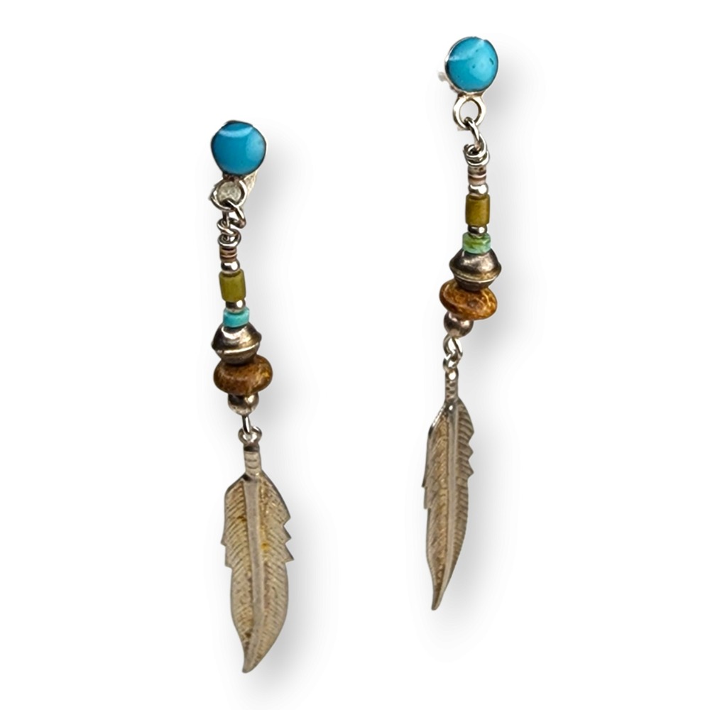 Vintage Drop Earrings Sterling Silver OS Blue Turquoise Feather Stone Vintage
